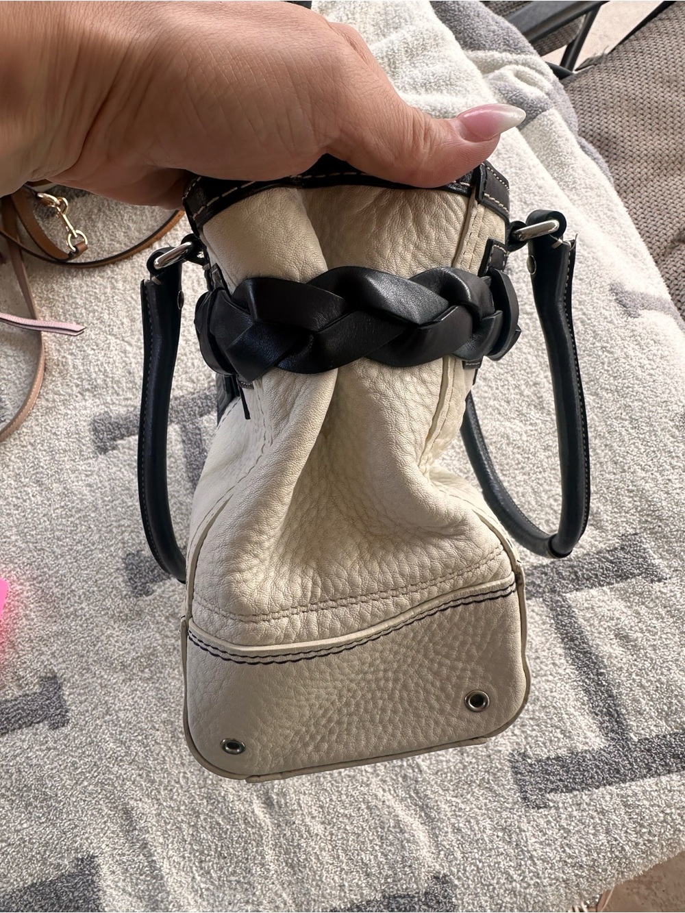 Coach White Leather Tote with Black Trim and Braided Accent - Picture 5 of 11